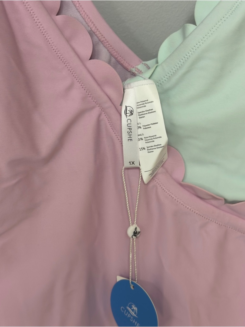NWT Cupshe Swimsuit 1X NWT Pink Mint Colorblock Scallop Trim One Piece Plus Size - Picture 3 of 4